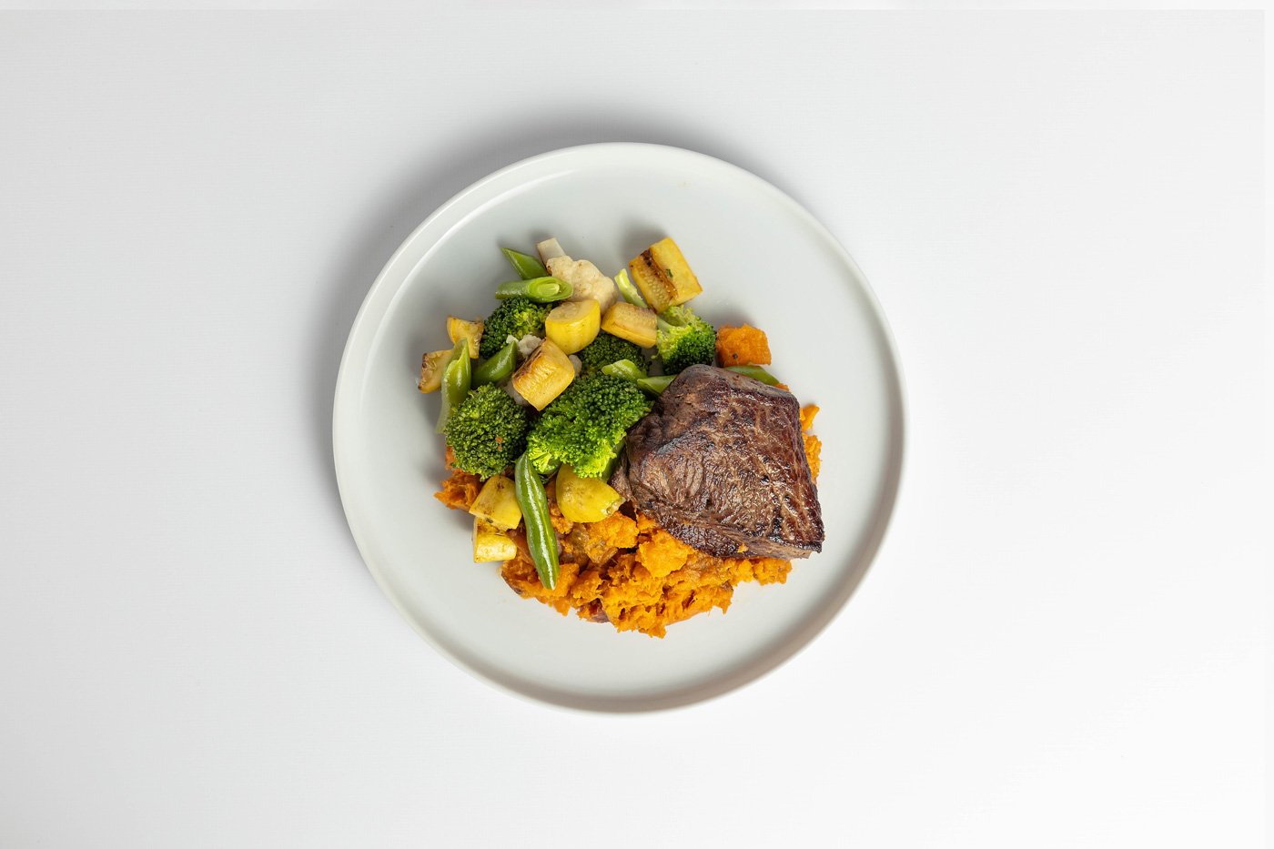Flat Iron Steak, Sweet Potato, Mixed Vegetables Meal Product Image